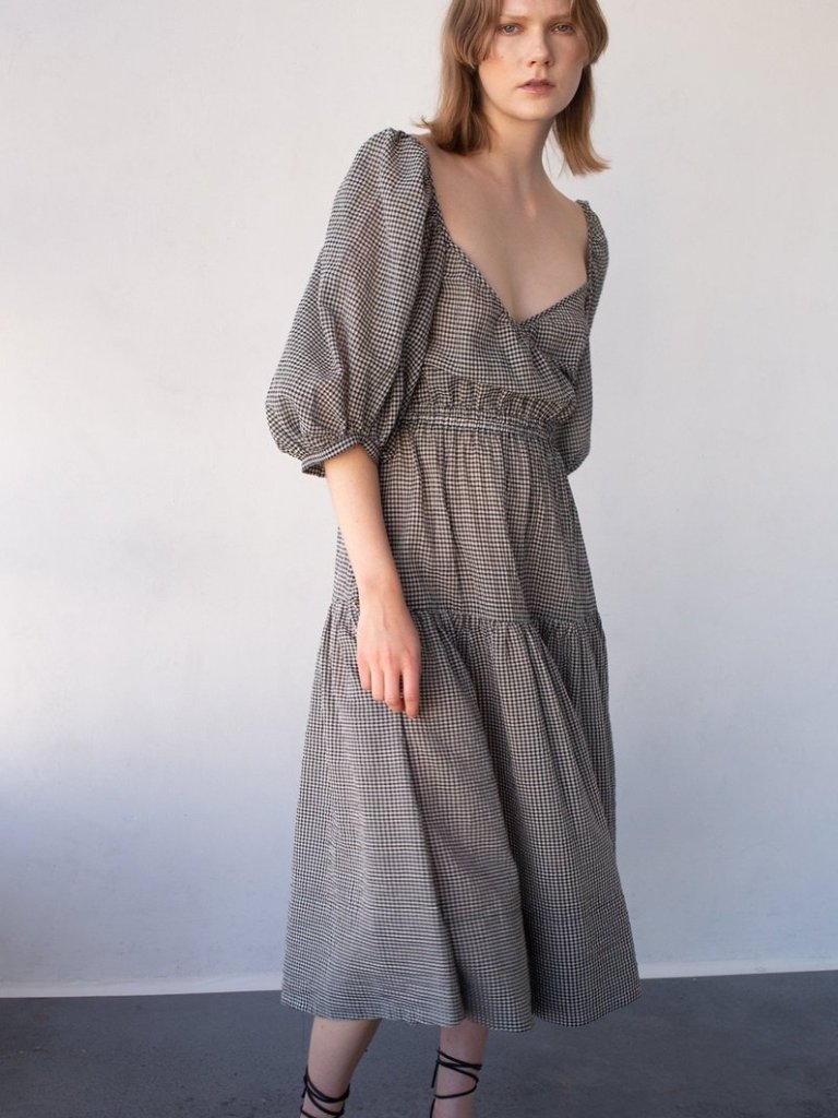 Shaina Mote Gilot Linen Blend Midi Dress - Black/White Gingham — image 3 of 8